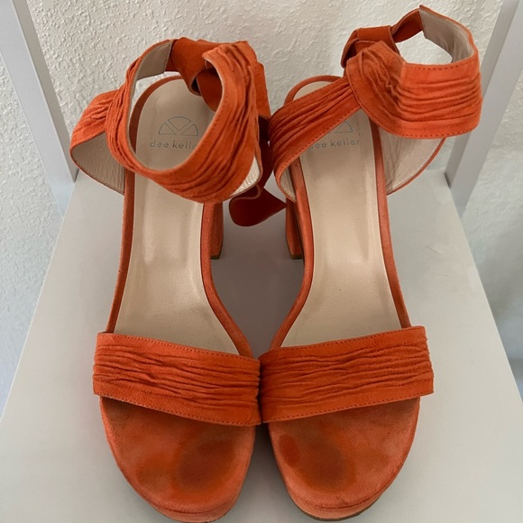 Dee Keller Leah Platform Tie Suede Sandal Heels in Orange. Size 38. - Picture 4 of 7